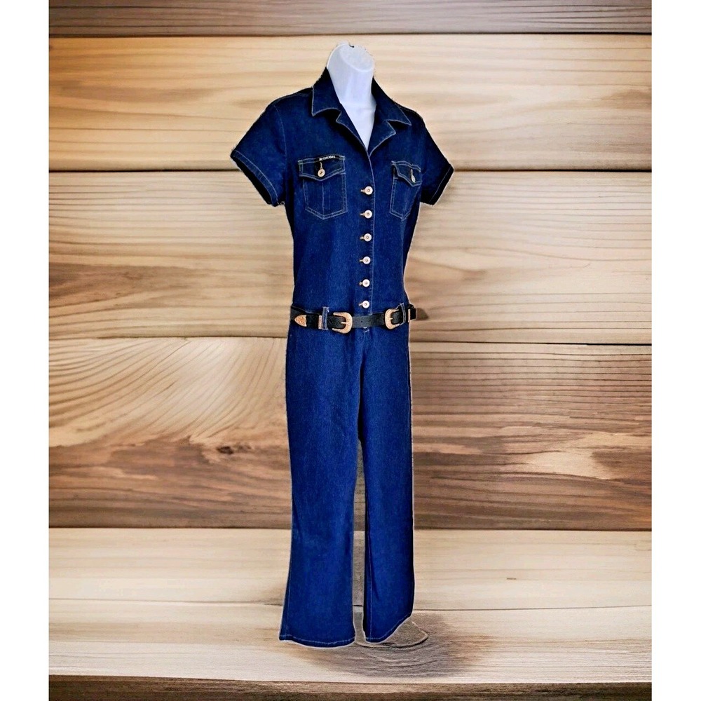 No Excuses Jumpsuit Lg.‎ Blue Denim Y2K Belted Disco Flare Western Boho Festival
